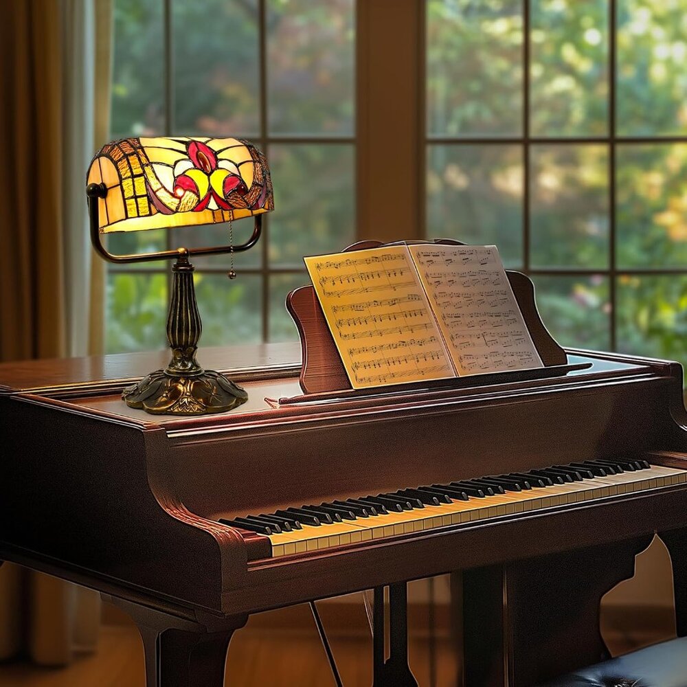 Tiffany Style Bankers Lamp - Stained Glass Desk Lamps with Baroque Design & Pull - Picture 3 of 7